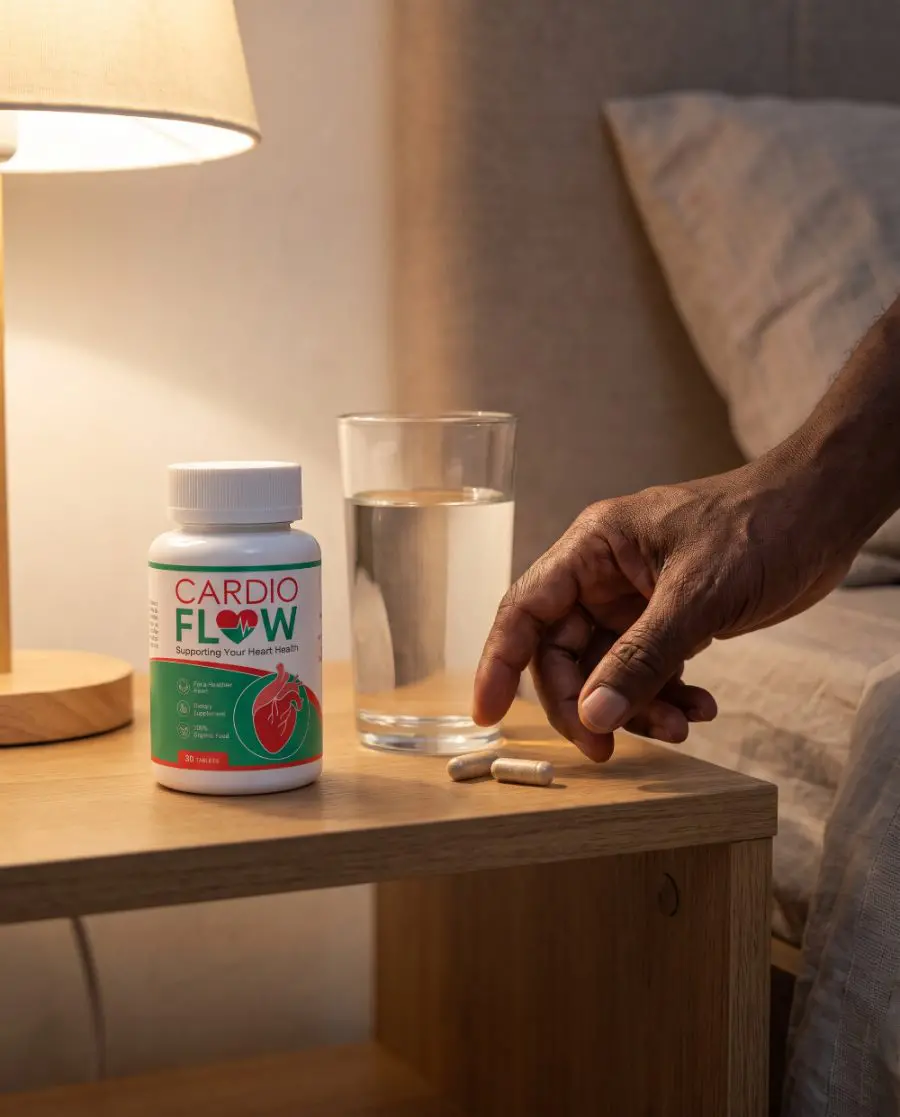 CardioFlow, a glass of water and two capsules on the nightstand in the evening