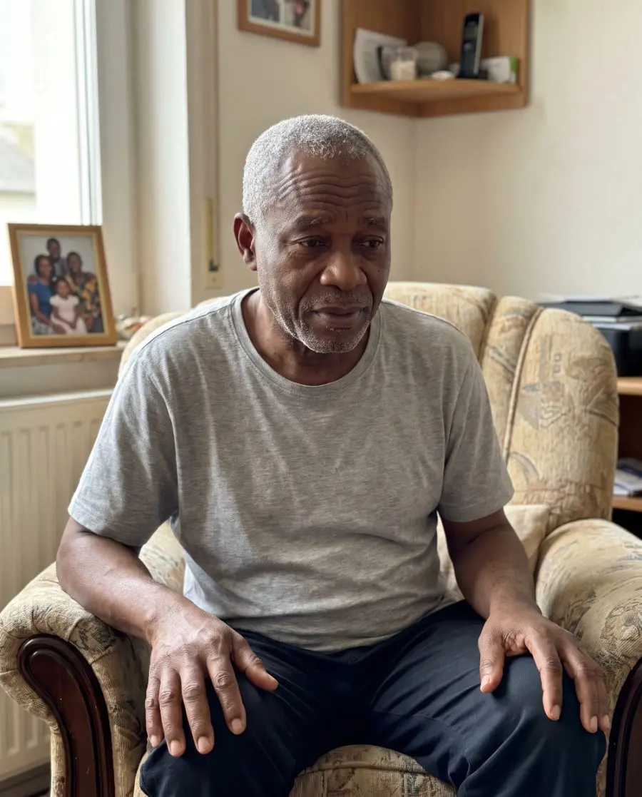 A middle-aged man sitting in an armchair at home, deep in thought